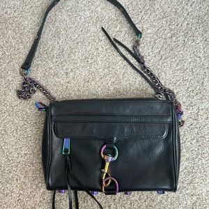 Rebecca Minkoff mini MAC black + iridescent metal crossbody purse